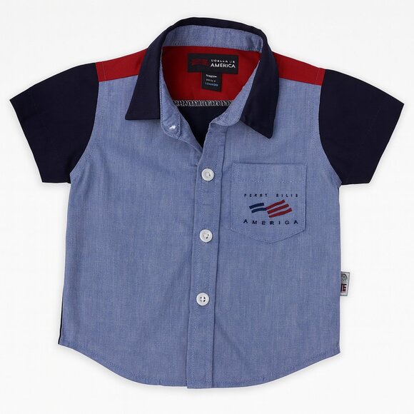 Perry Ellis America 12M Infant Toddler Shirt Colorblock Logo Button-Front- KC022 - Picture 1 of 4